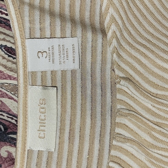 CHICO'S Women's Ruched Round Collared Striped Gold Flecked Beige/White 16 - Picture 6 of 6